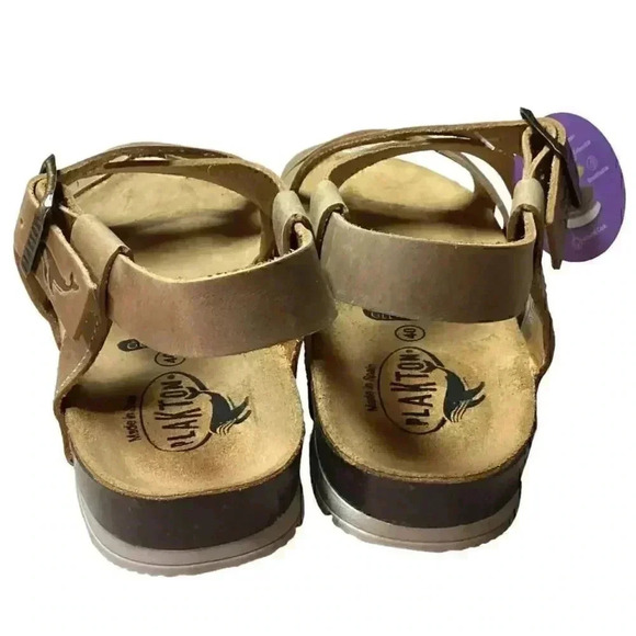 Plakton Sanals Women 9 40 Brown Gemma Ankle Strap Leather Cork Flat NEW - Picture 5 of 7